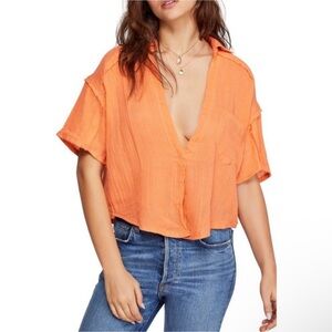 We The Free Cropped Button-Down Shirt in Bright Orange